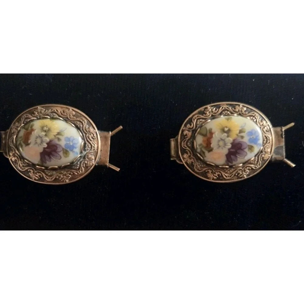 Pair Vintage Floral Porcelain Hair Clips Colorful Flowers Oval Goldtone Setting